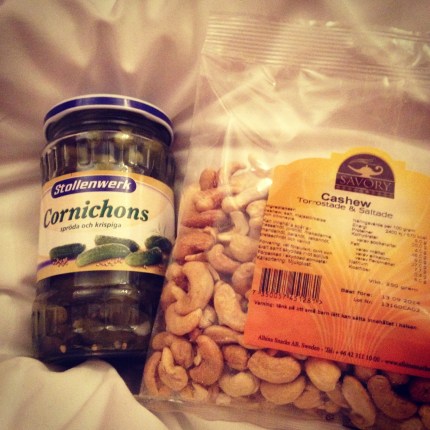 Cashew nuts and gurkins. Low crb: close enough.